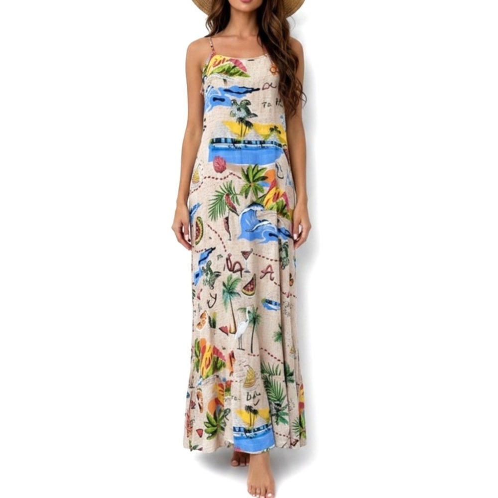 True Destinations Tropical Sands Vacation‎ Postcard Print Maxi Dress Size Small